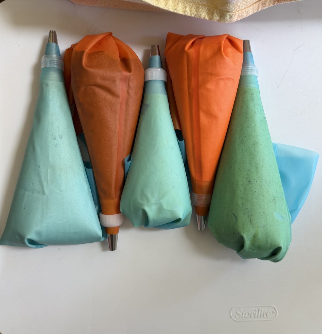 Aspen's piping bags, filled and ready for a batch of macarons